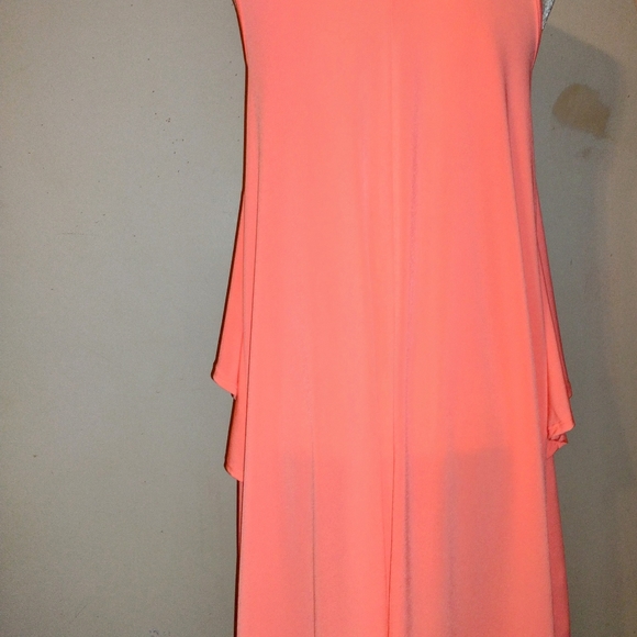 Hugh Sale dress in trendy neon in coral midi dress crossing vertical ruffle - Picture 6 of 7